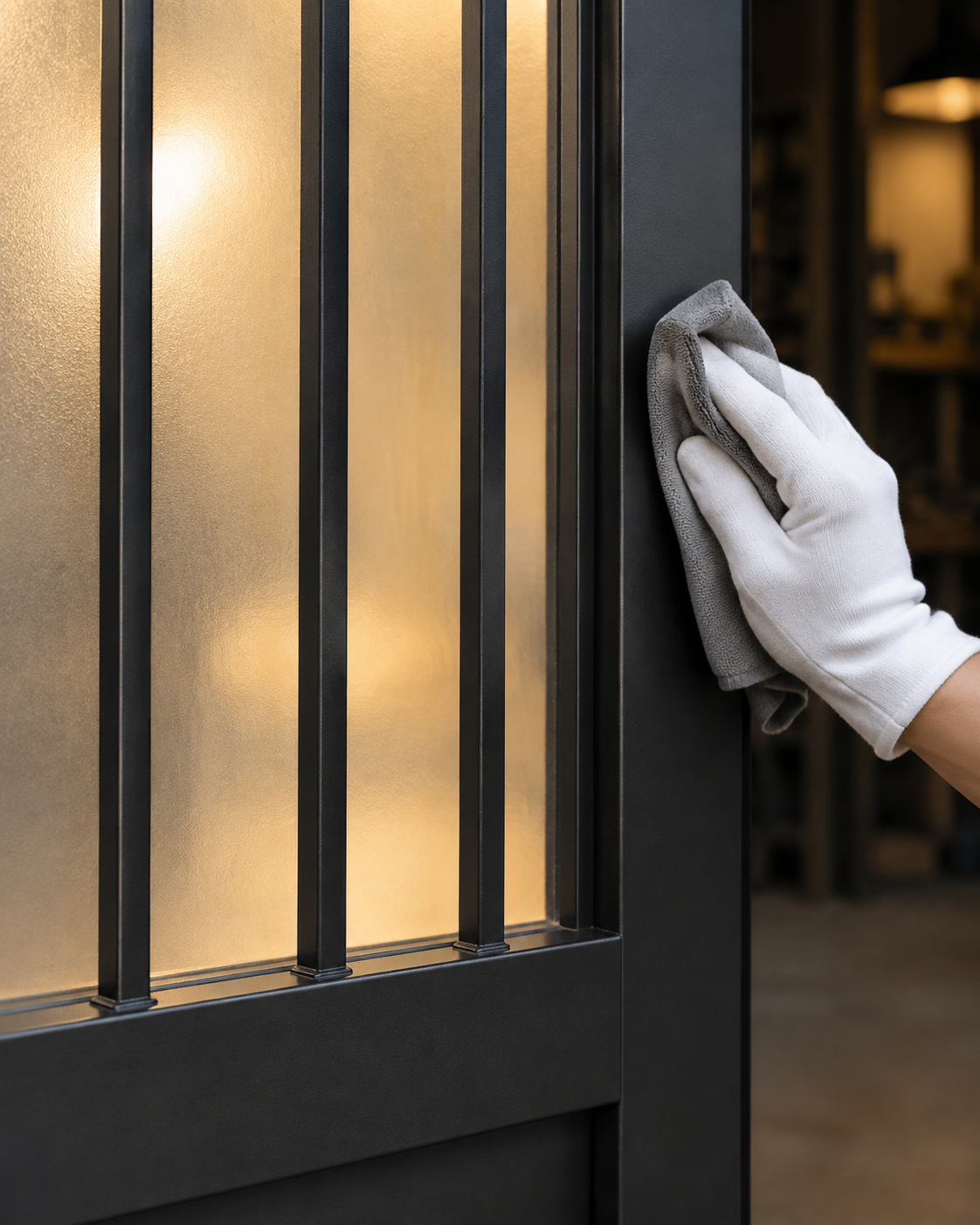 A white cotton-gloved hand wiping a matte-black iron door with evenly spaced straight bars