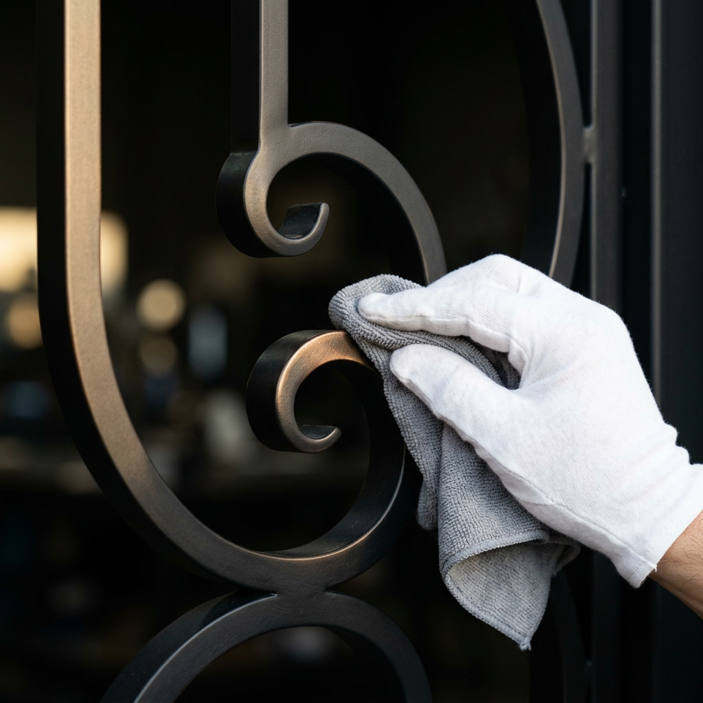 A white-gloved hand buffing the matte black finish on iron door scrollwork