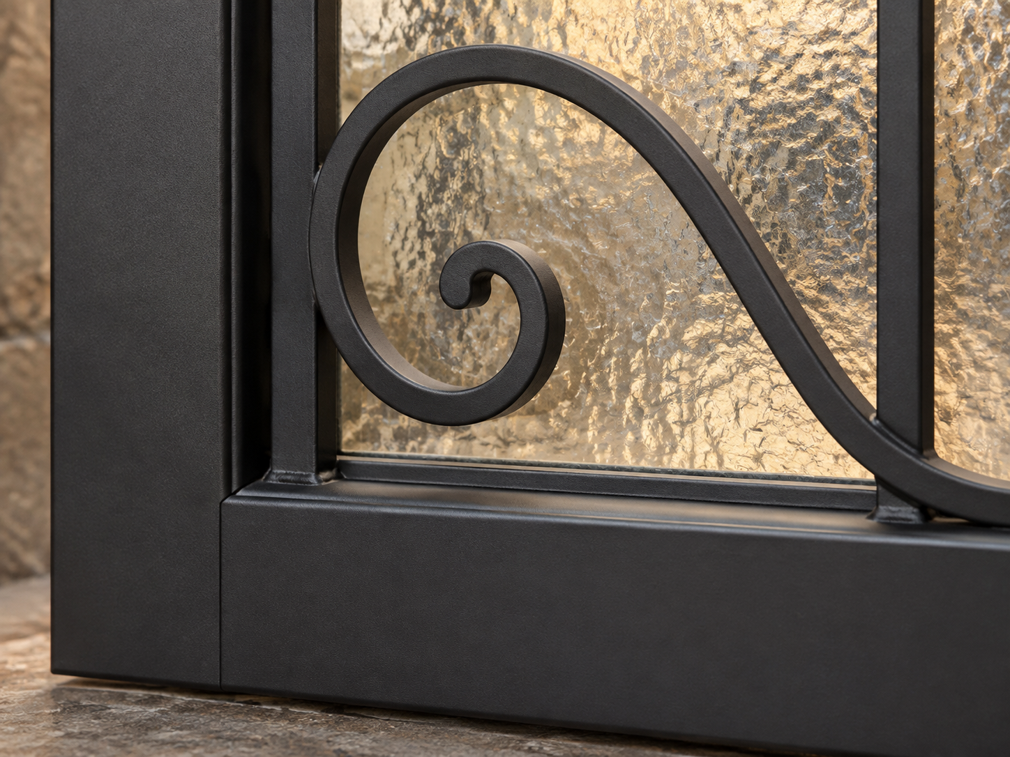 Close-up illustration of smooth matte-black iron scrollwork secured to a neatly joined door frame in front of textured glass